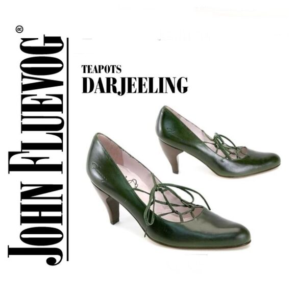 John Fluevog Teapots Darjeeling Leather Pumps Heels Olive Green - Picture 1 of 15